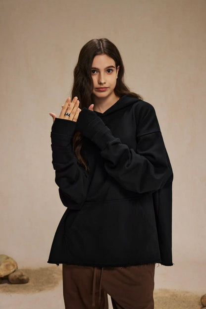 Hand-sleeve hoodie with folded threads