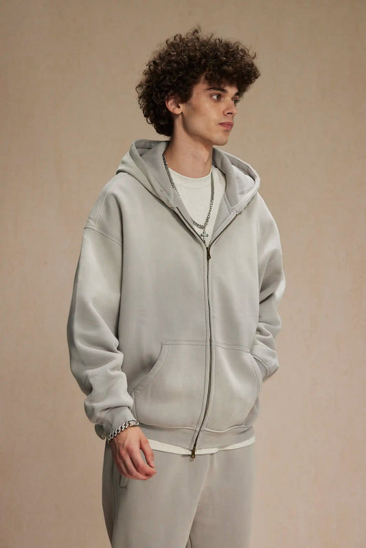 2023 winter thickened spray-dyed vintage double-zippered hoodie