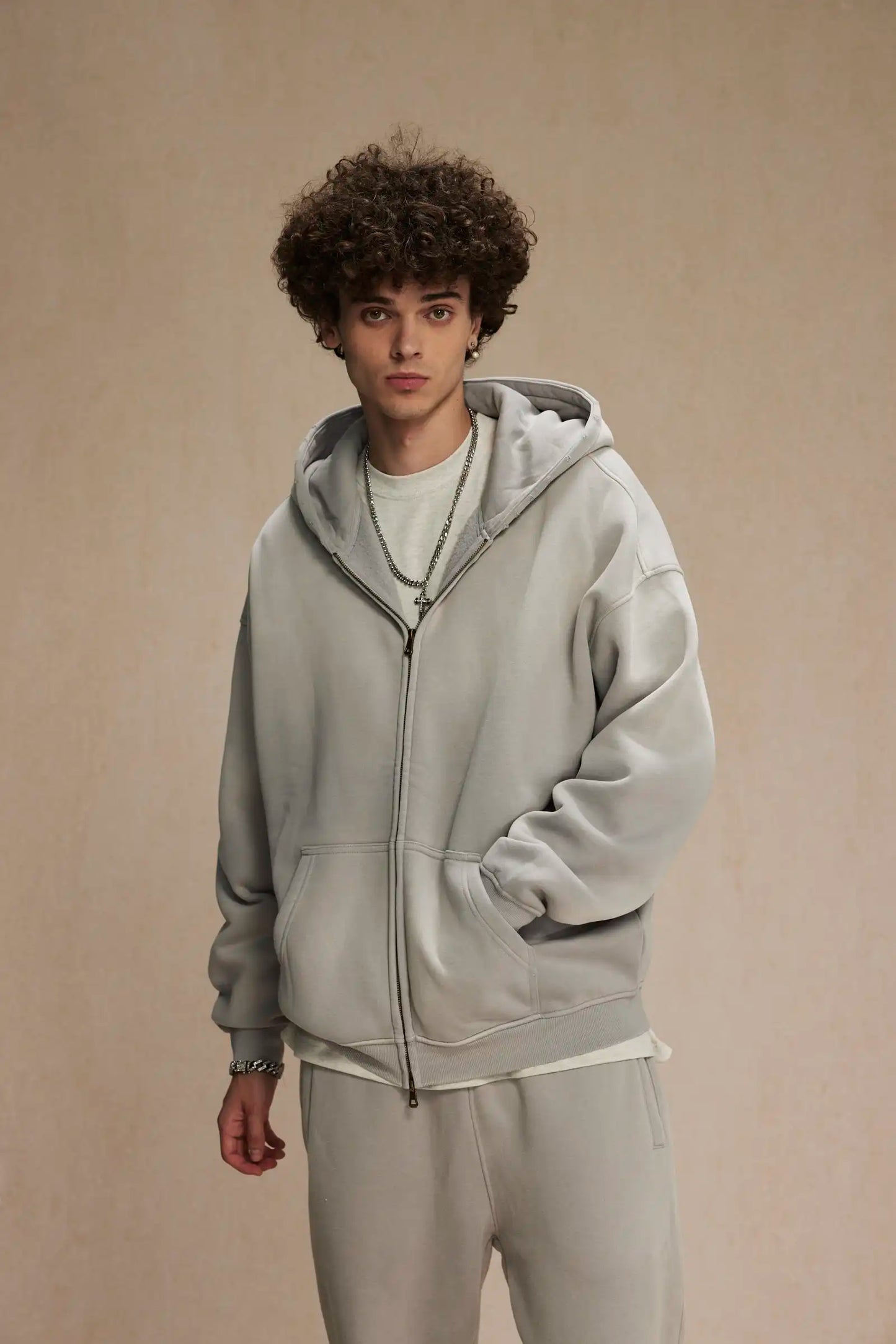 2023 winter thickened spray-dyed vintage double-zippered hoodie