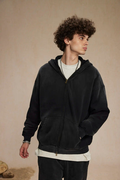 2023 winter thickened spray-dyed vintage double-zippered hoodie