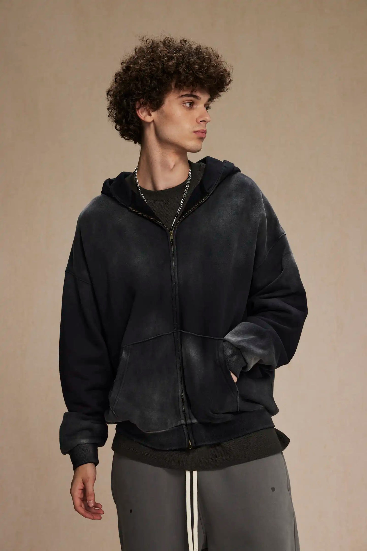 Washed thin zipper hoodie