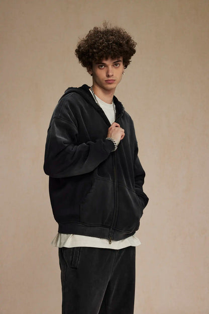 2023 winter thickened spray-dyed vintage double-zippered hoodie