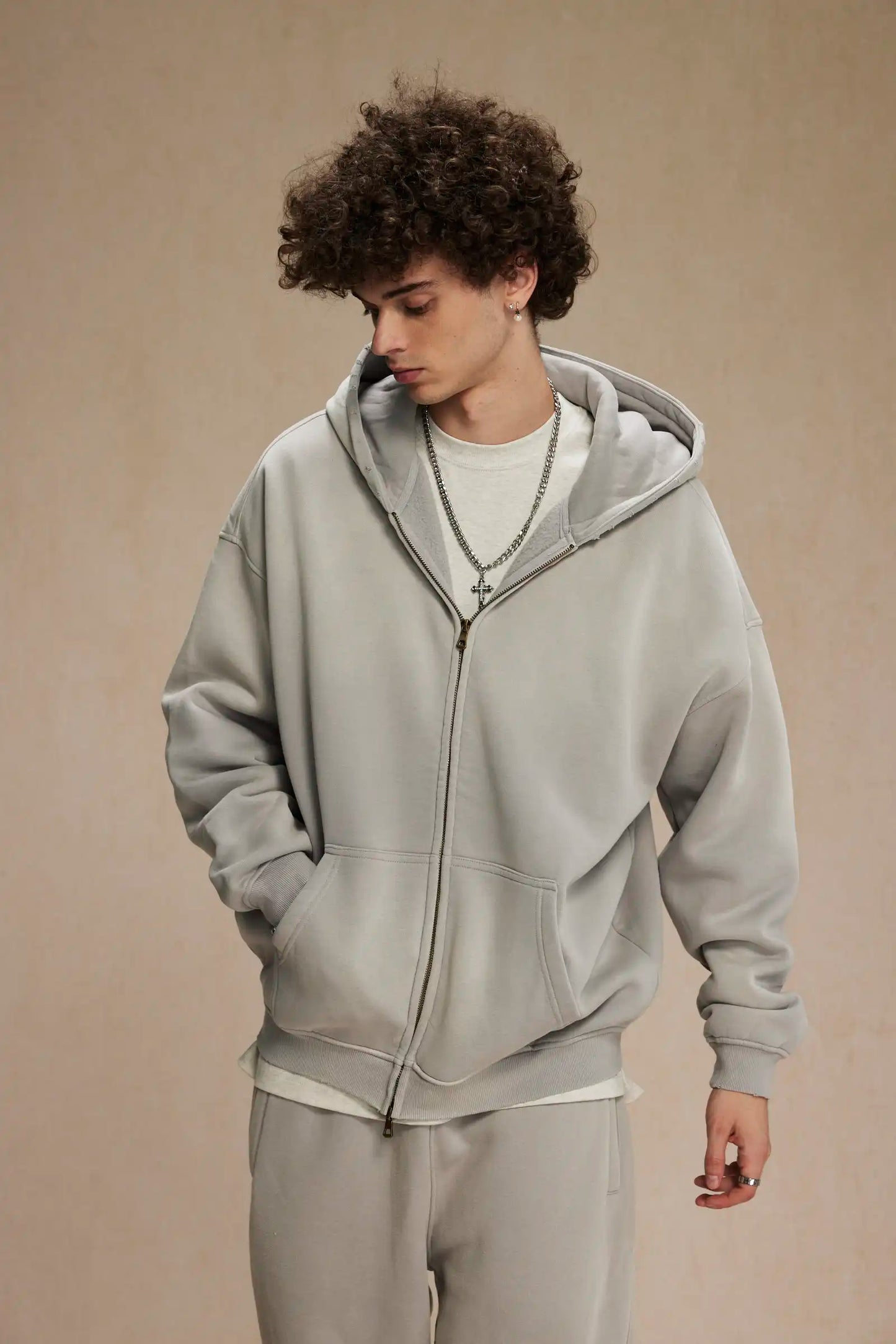 2023 winter thickened spray-dyed vintage double-zippered hoodie