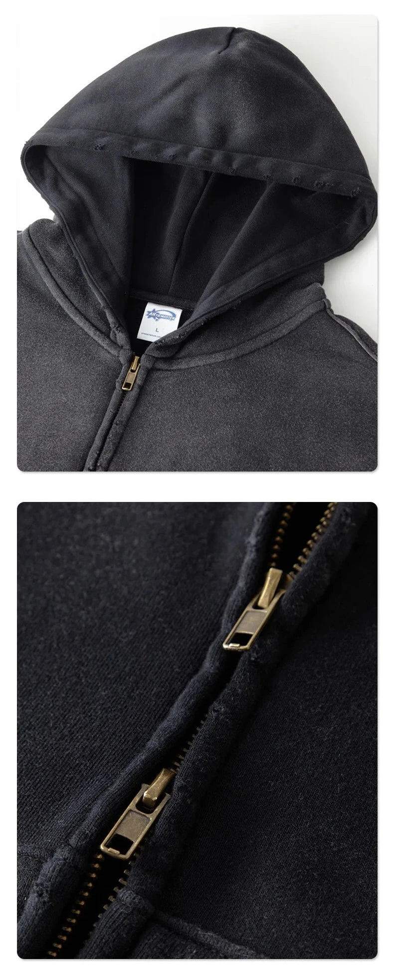 2023 winter thickened spray-dyed vintage double-zippered hoodie