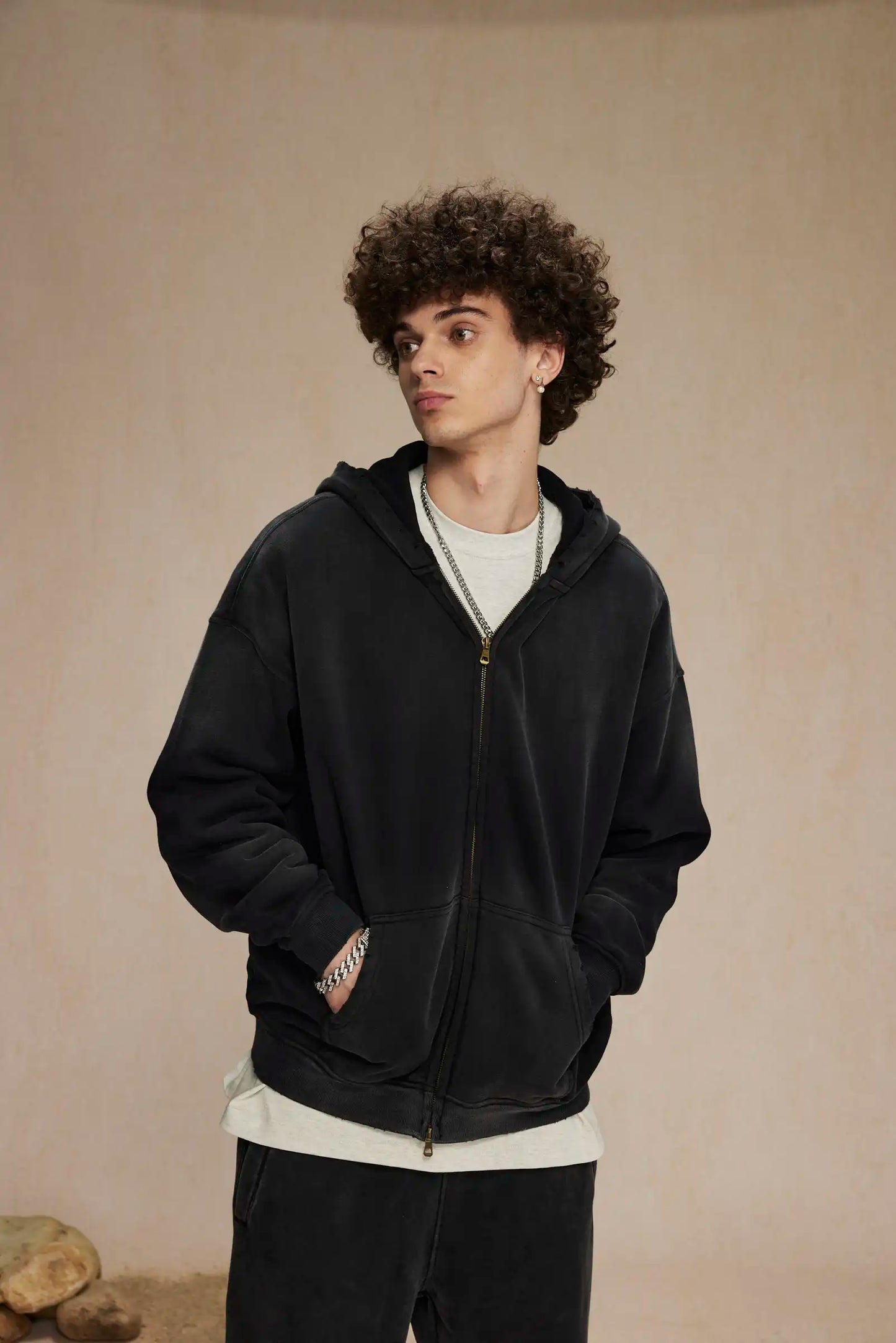 2023 winter thickened spray-dyed vintage double-zippered hoodie