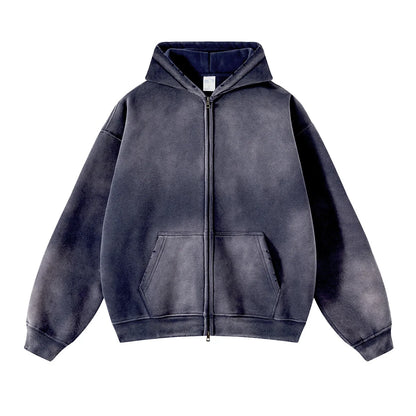 2023 winter thickened spray-dyed vintage double-zippered hoodie