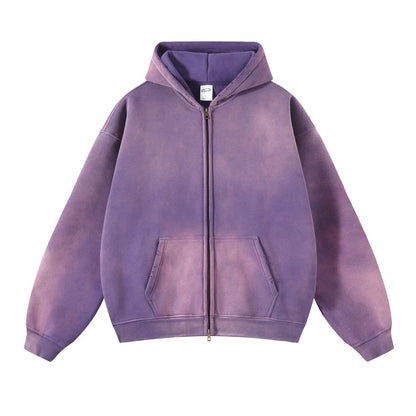 2023 winter thickened spray-dyed vintage double-zippered hoodie