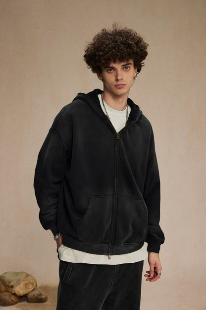 2023 winter thickened spray-dyed vintage double-zippered hoodie